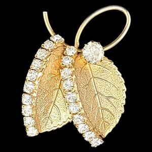 Vintage Gold Tone Rhinestone Leaf Brooch Statement Pin Retro Floral Jewelry